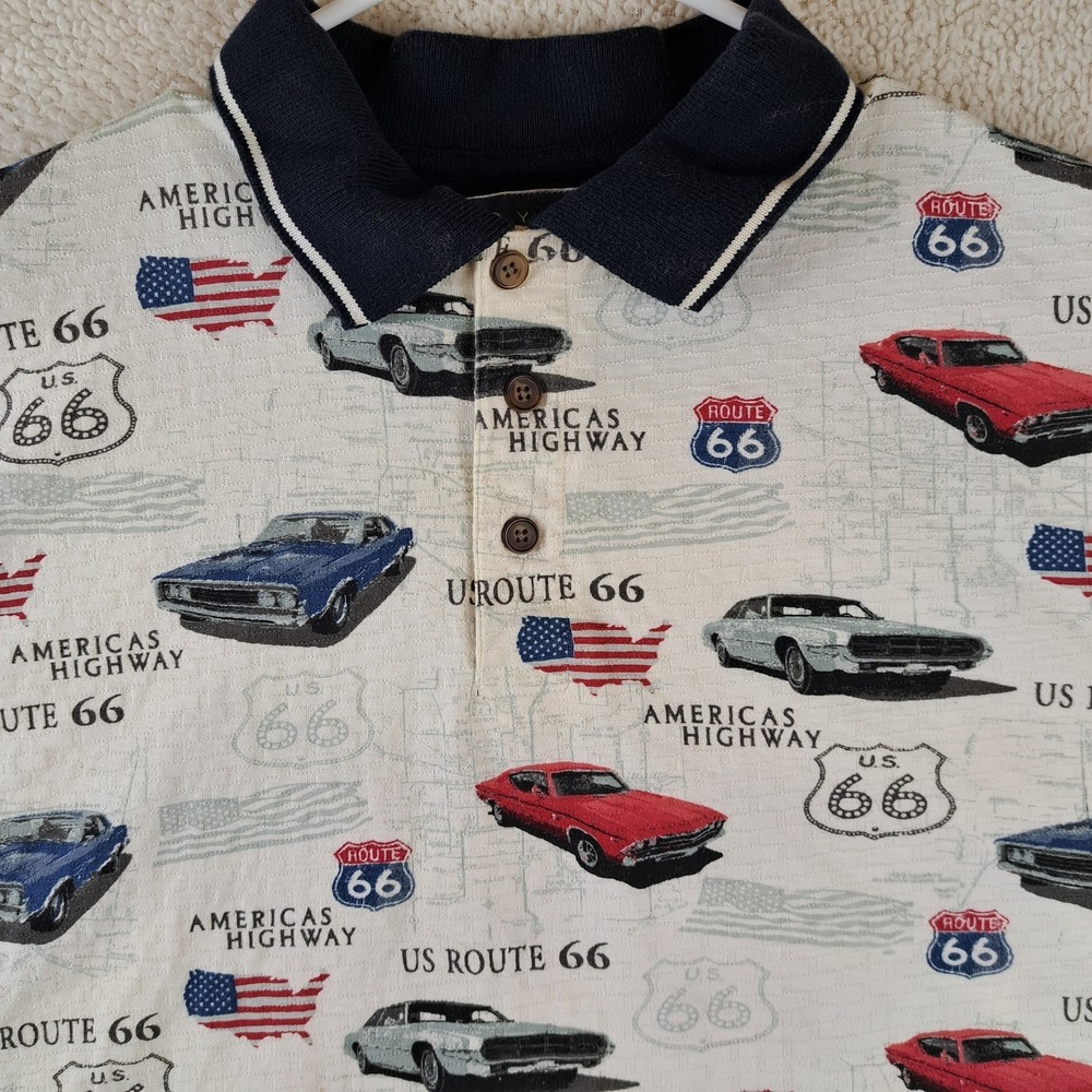 Royale Air Men's L Polo Shirt Route 66 Classic Cars American Flag All Over Print